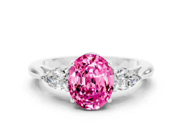 Silver Oval Cut Pink Sapphire Three-Stone Ring with Pear  Side Stones and Prong Setting