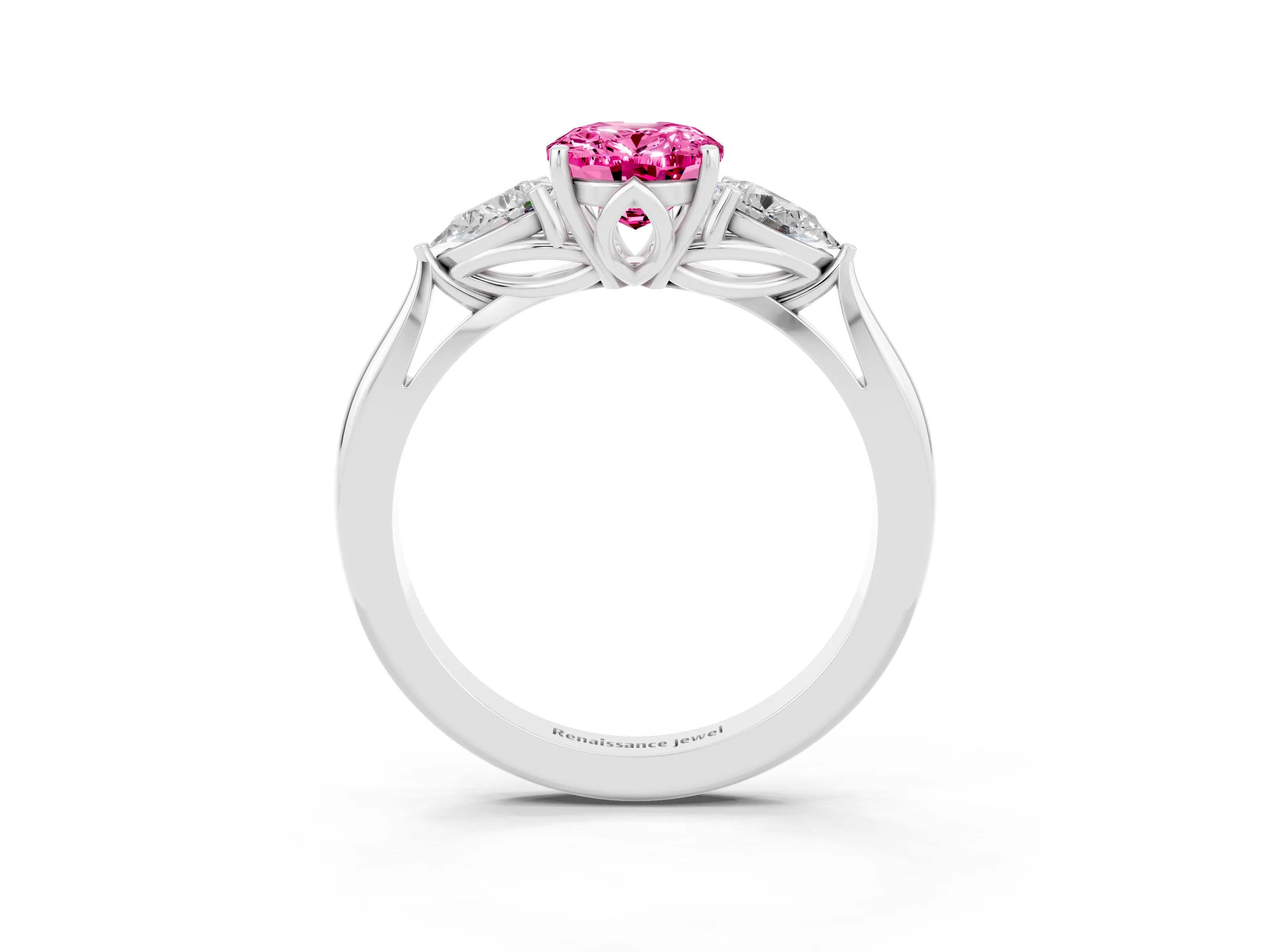 White gold Oval Cut Pink Sapphire Three-Stone Ring with Pear Side Stones and Four-Prong Setting_15