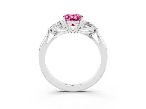 White gold Oval Cut Pink Sapphire Three-Stone Ring with Pear Side Stones and Four-Prong Setting_15