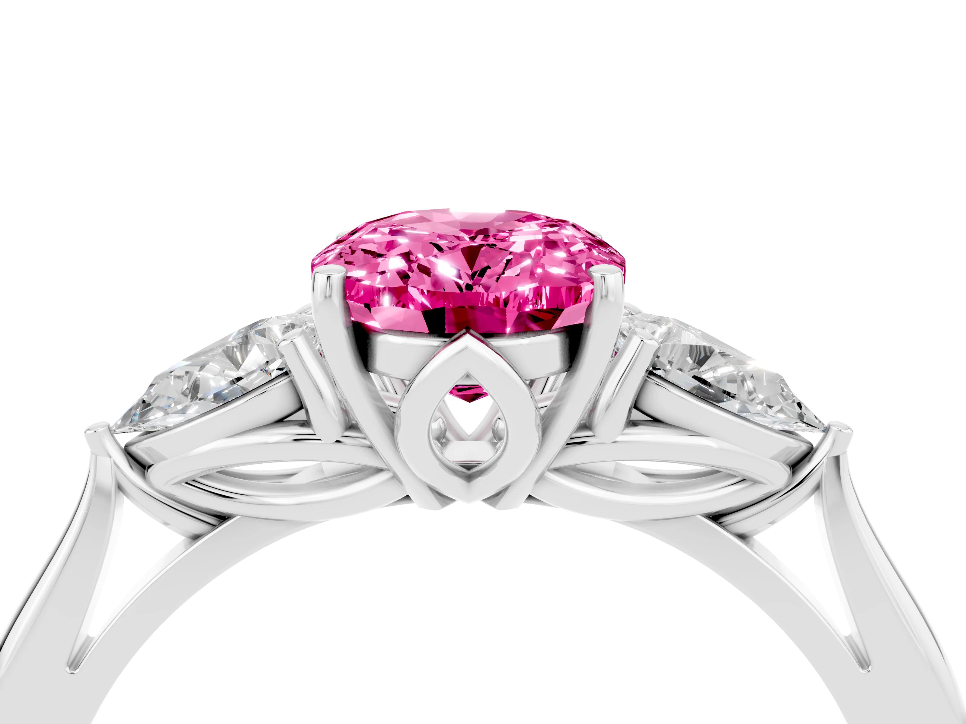 White gold Oval Cut Pink Sapphire Three-Stone Ring with Pear Side Stones and Four-Prong Setting_16
