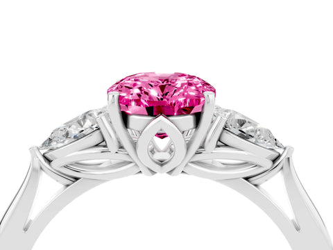 White gold Oval Cut Pink Sapphire Three-Stone Ring with Pear Side Stones and Four-Prong Setting_16
