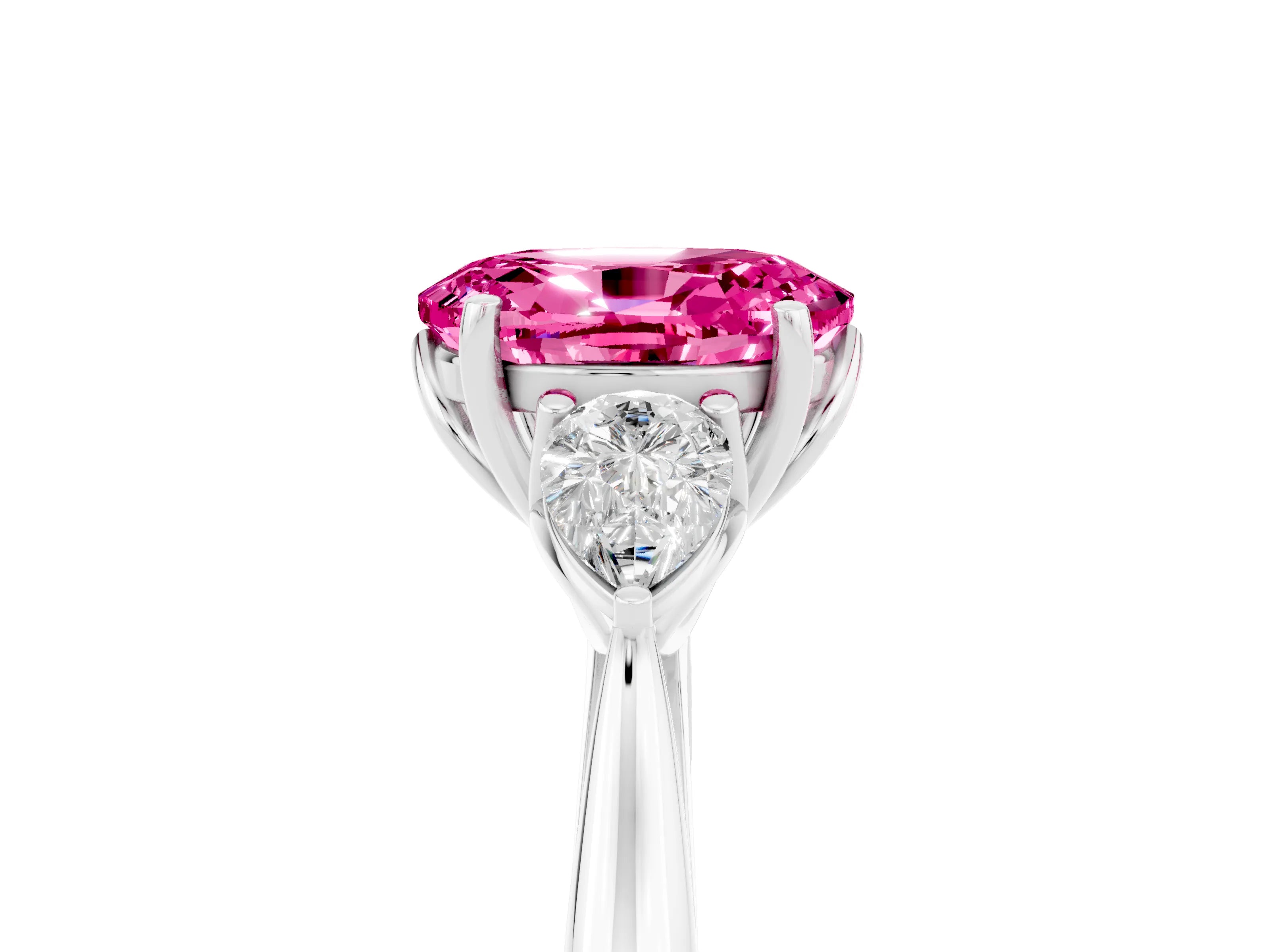 White gold Oval Cut Pink Sapphire Three-Stone Ring with Pear Side Stones and Four-Prong Setting_17