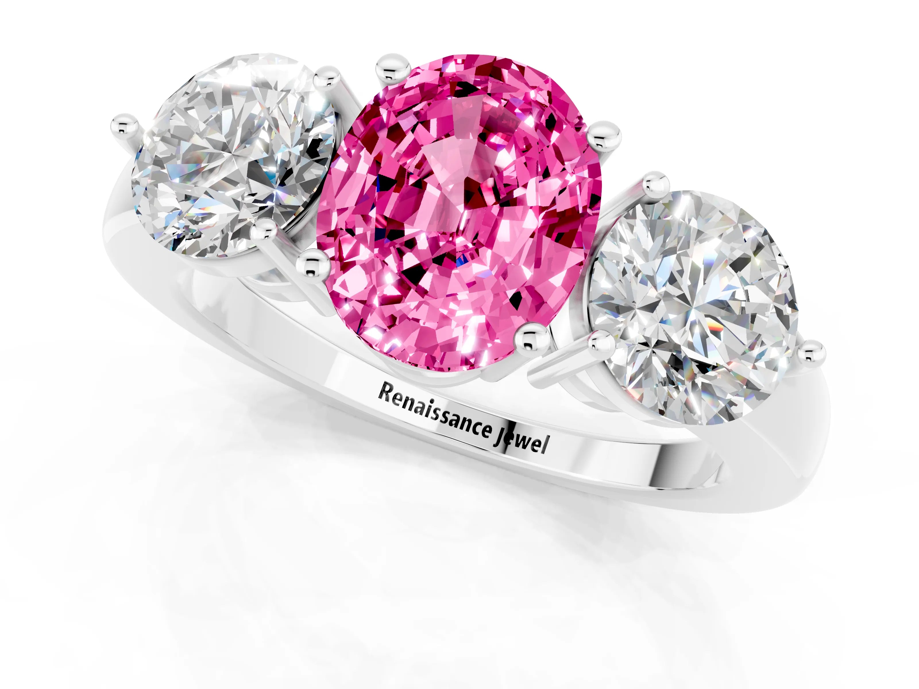 White gold Oval Cut Pink Sapphire Three-Stone Ring with Prong Setting and Classic Band_1