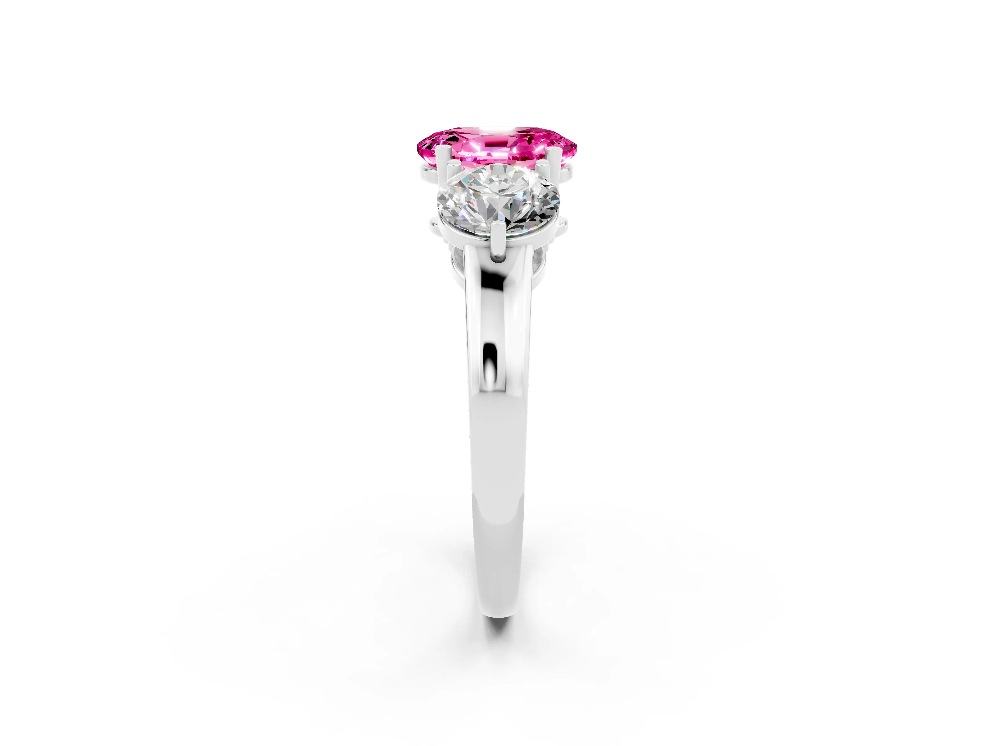 White gold Oval Cut Pink Sapphire Three-Stone Ring with Prong Setting and Classic Band_2
