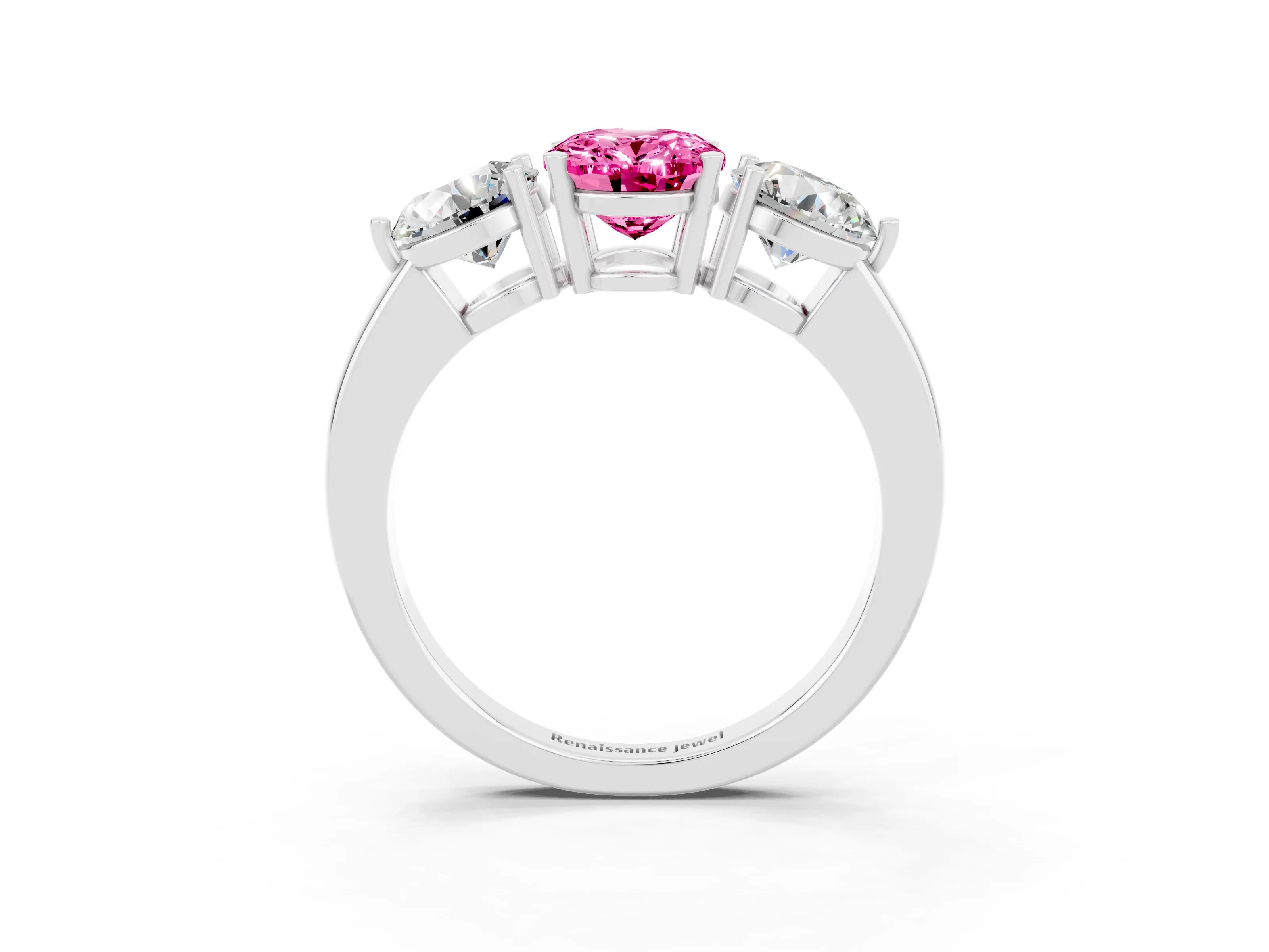 White gold Oval Cut Pink Sapphire Three-Stone Ring with Prong Setting and Classic Band_3