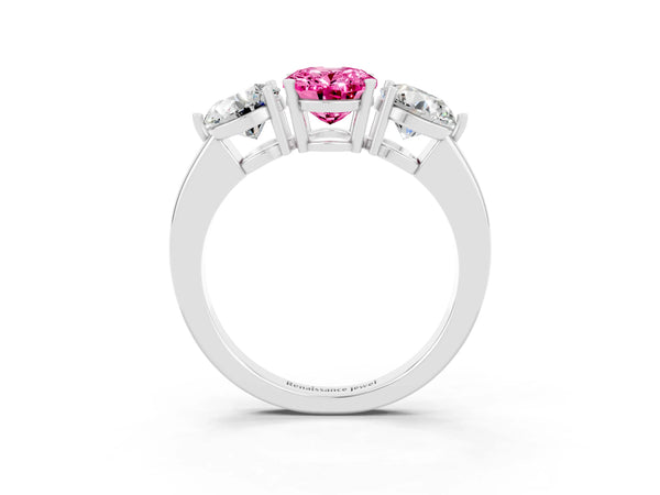 Platinum Oval Cut Pink Sapphire Three-Stone Ring with Prong Setting and Classic Band