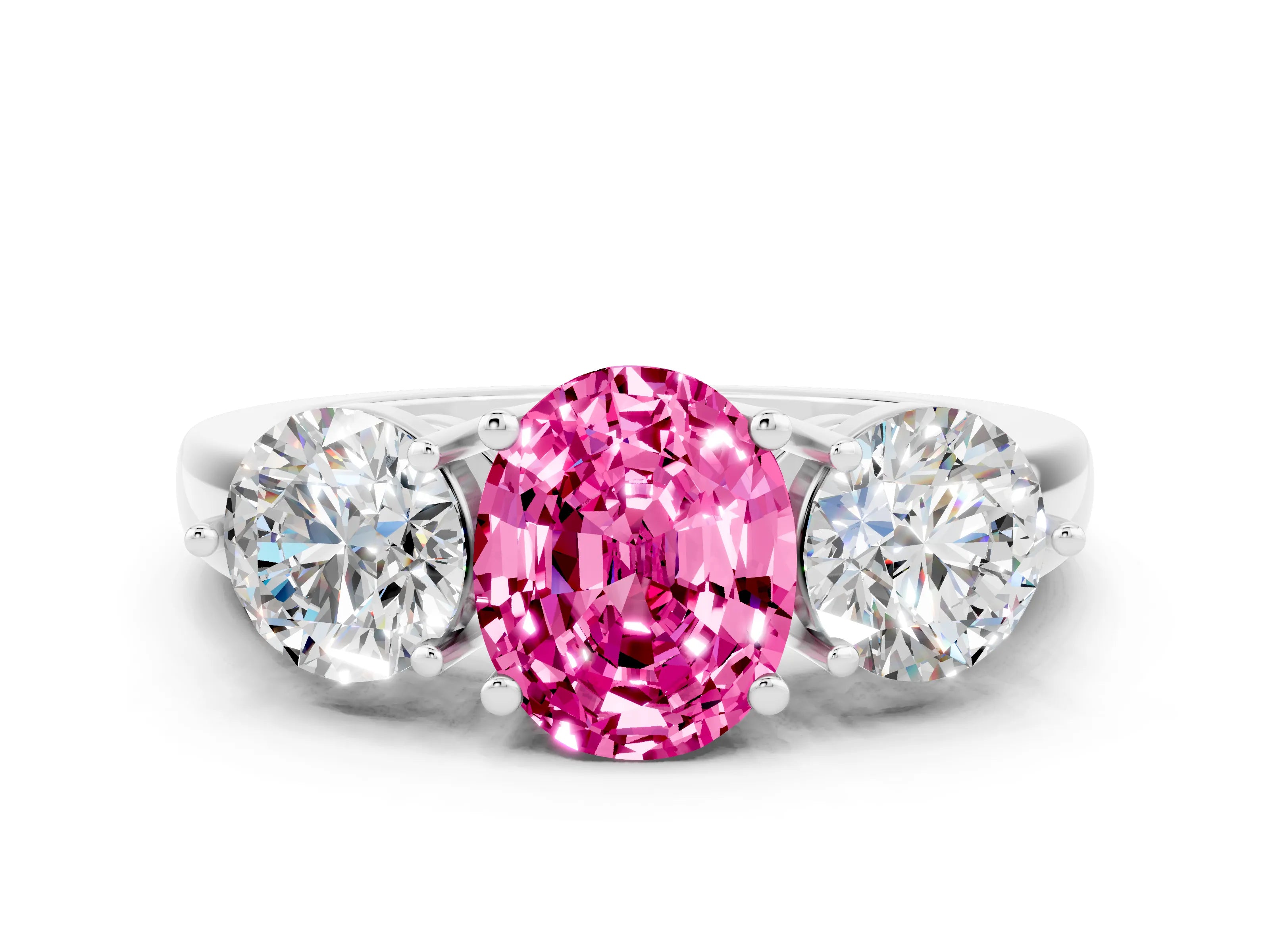 White gold Oval Cut Pink Sapphire Three-Stone Ring with Prong Setting and Classic Band