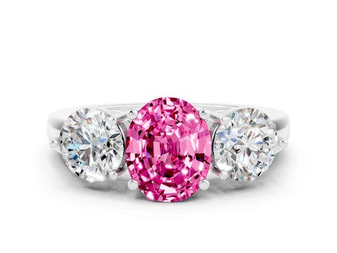 White gold Oval Cut Pink Sapphire Three-Stone Ring with Prong Setting and Classic Band