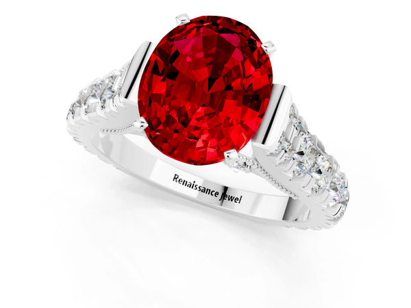 Platinum Oval Cut Ruby Classic Solitaire Ring with Pavé Band and Four-Prong Setting