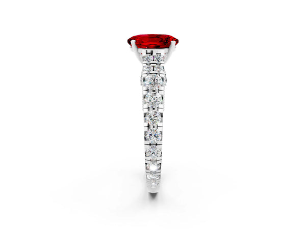 White gold Oval Cut Ruby Classic Solitaire Ring with Pavé Band and Four-Prong Setting