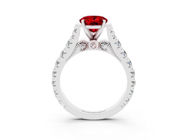 Platinum Oval Cut Ruby Classic Solitaire Ring with Pavé Band and Four-Prong Setting