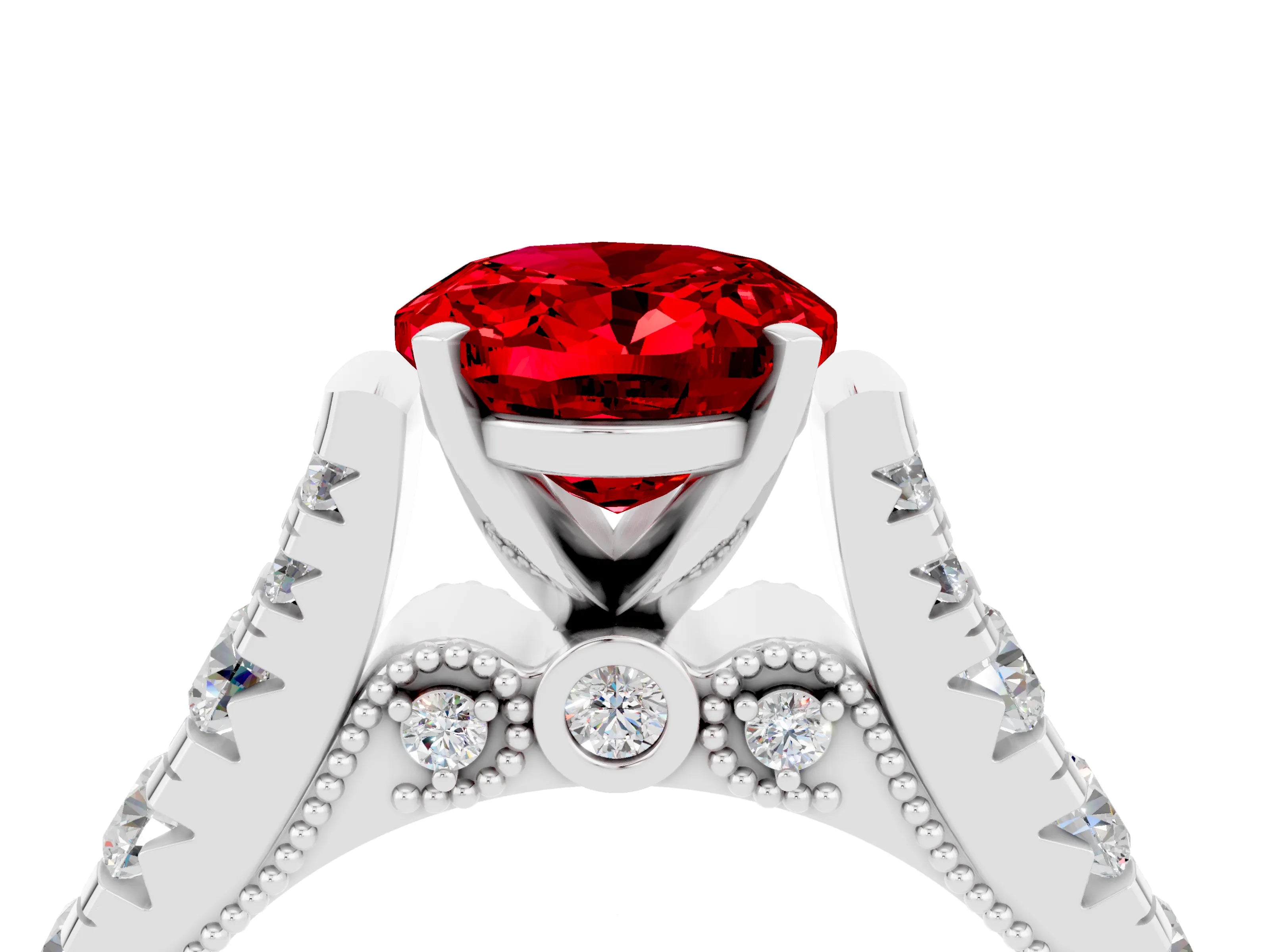 White gold Oval Cut Ruby Classic Solitaire Ring with Pavé Band and Four-Prong Setting_4