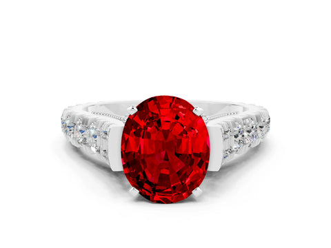 White gold Oval Cut Ruby Classic Solitaire Ring with Pavé Band and Four-Prong Setting