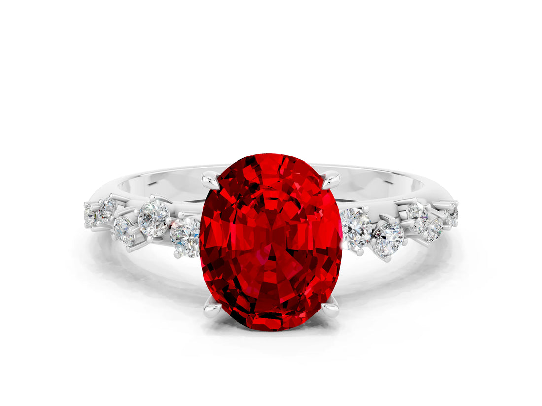 White gold Oval Cut Ruby Cluster Side Stone Solitaire Ring with Prong Setting_24