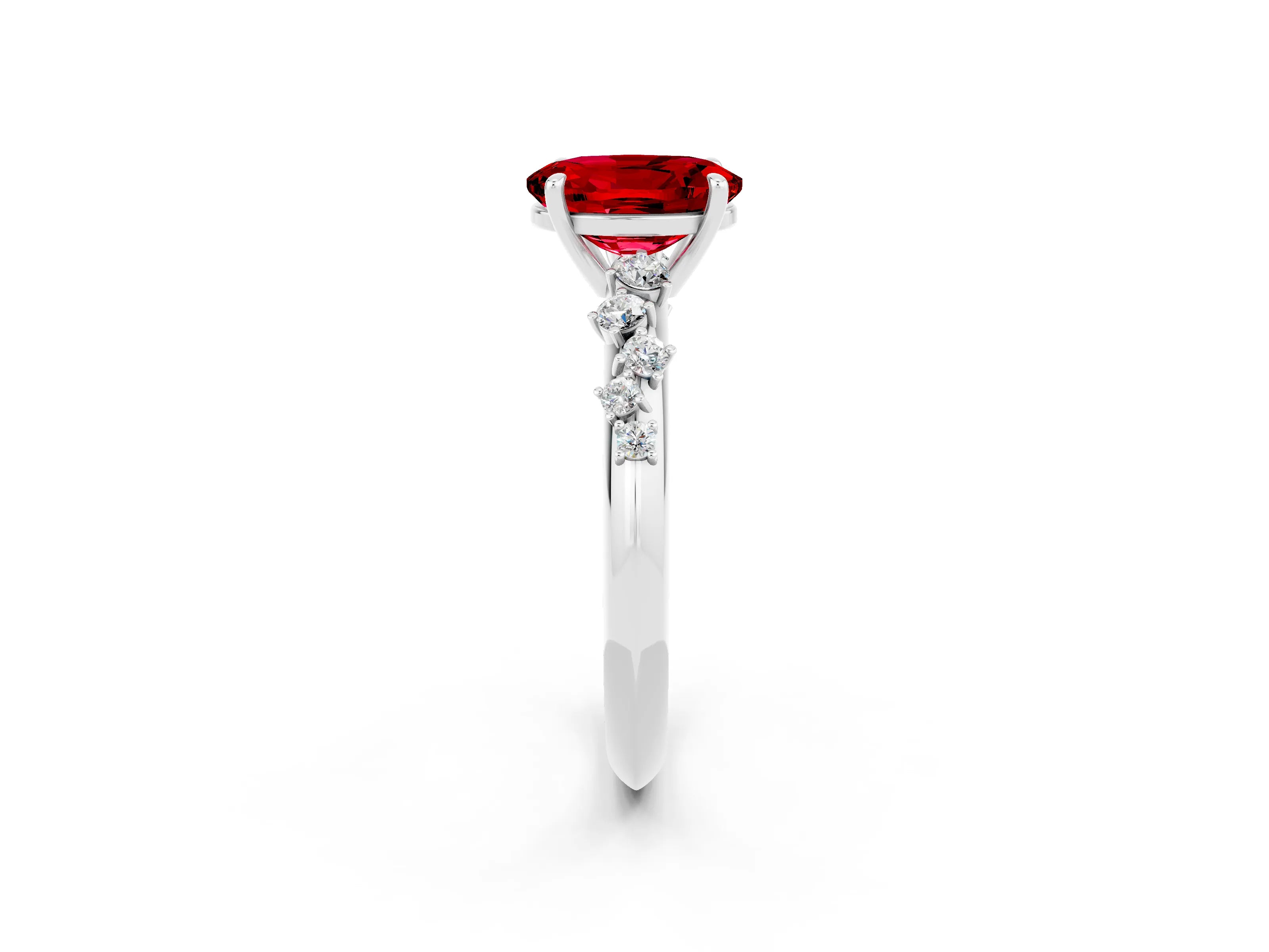 White gold Oval Cut Ruby Cluster Side Stone Solitaire Ring with Prong Setting_26