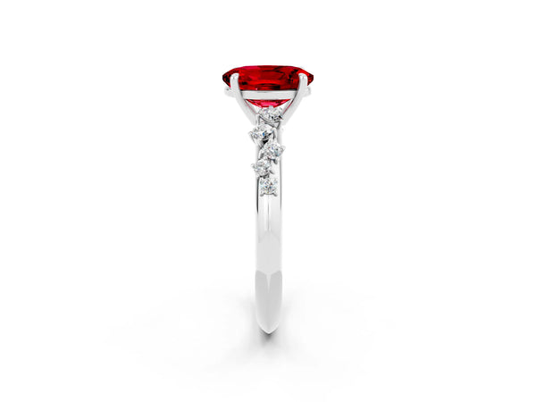 Silver Oval Cut Ruby Cluster Side Stone Solitaire Ring with Prong Setting