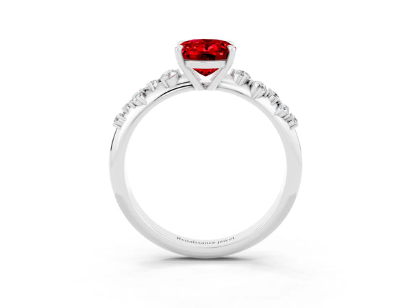 Platinum Oval Cut Ruby Cluster Side Stone Solitaire Ring with Prong Setting