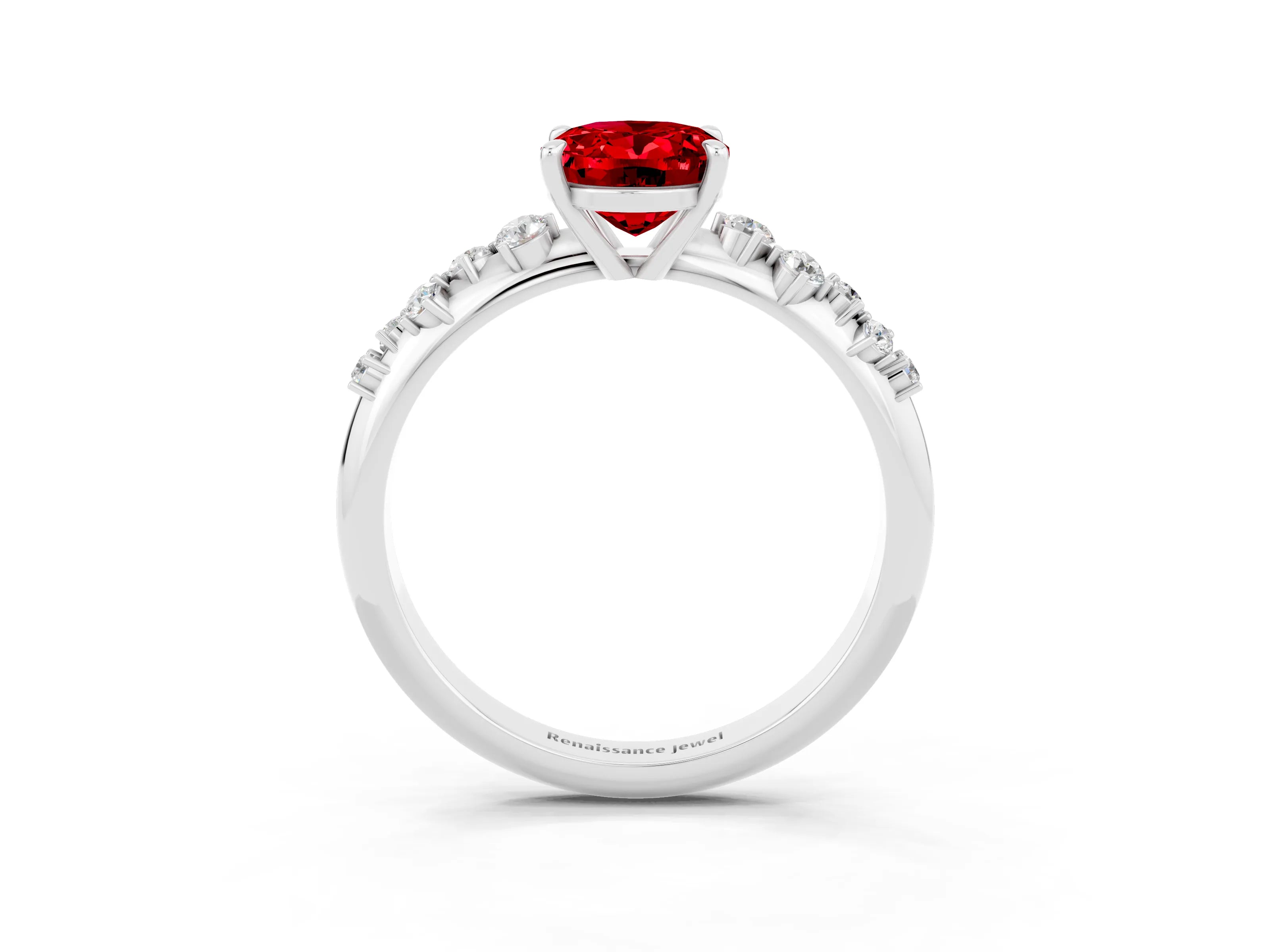 White gold Oval Cut Ruby Cluster Side Stone Solitaire Ring with Prong Setting_27
