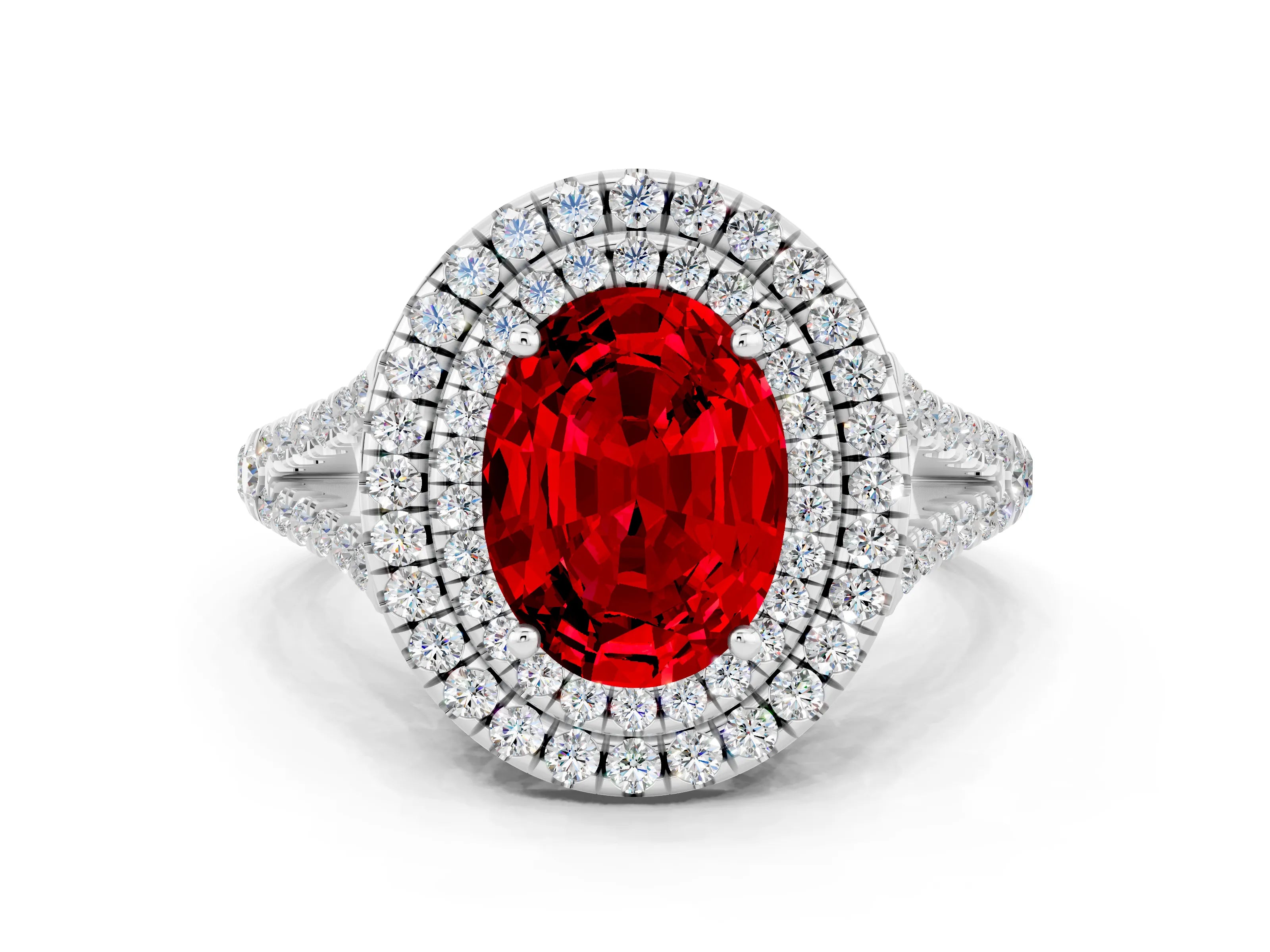 White gold Oval Cut Ruby Double Halo Ring with Pavé Band and Prong Setting_12