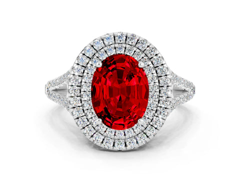 White gold Oval Cut Ruby Double Halo Ring with Pavé Band and Prong Setting_12