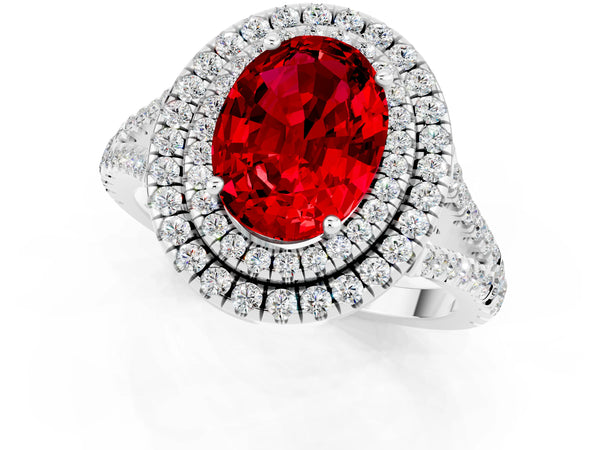 Platinum Oval Cut Ruby Double Halo Ring with Pavé Band and Prong Setting