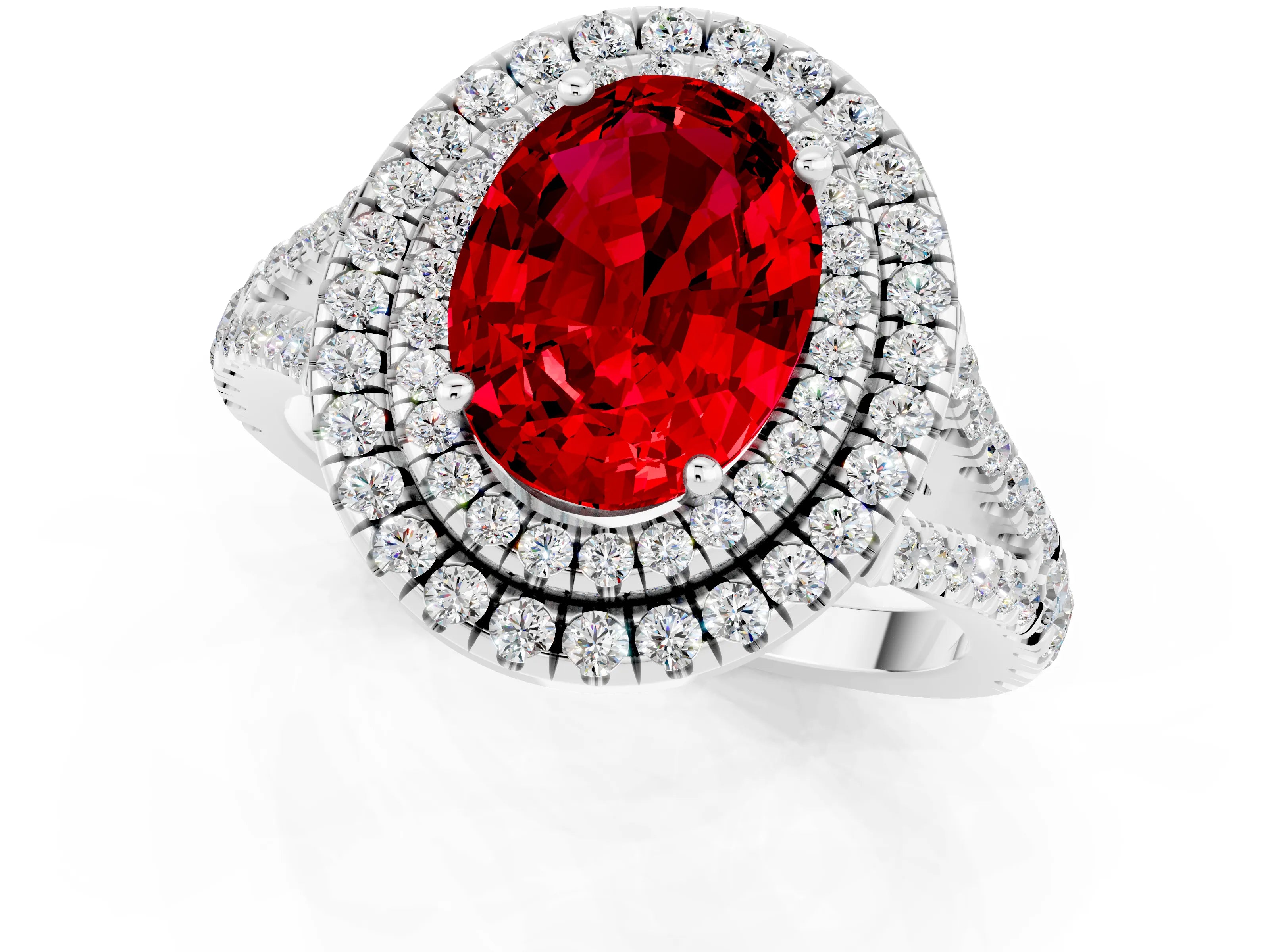 White gold Oval Cut Ruby Double Halo Ring with Pavé Band and Prong Setting_13