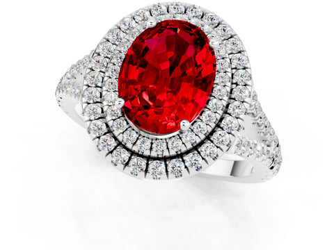 White gold Oval Cut Ruby Double Halo Ring with Pavé Band and Prong Setting_13