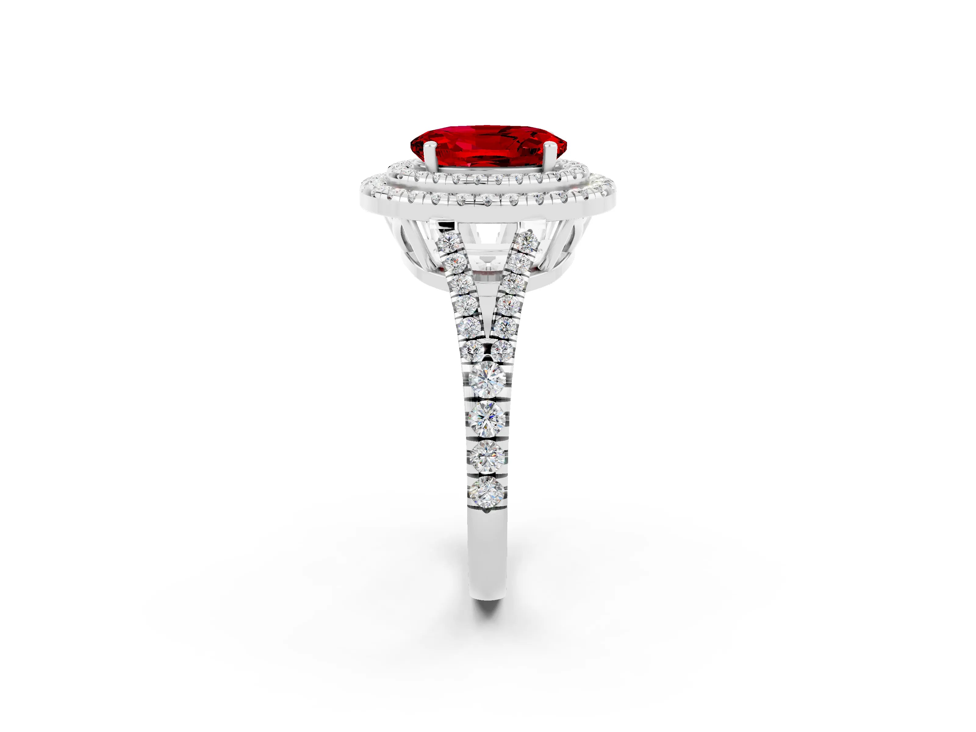 White gold Oval Cut Ruby Double Halo Ring with Pavé Band and Prong Setting_14