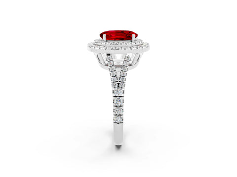 White gold Oval Cut Ruby Double Halo Ring with Pavé Band and Prong Setting_14