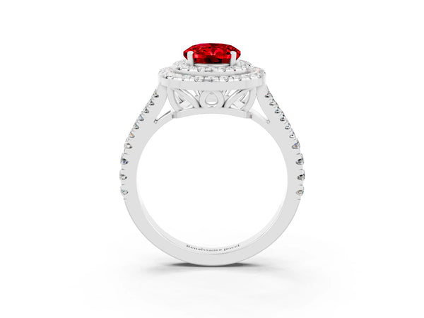 Platinum Oval Cut Ruby Double Halo Ring with Pavé Band and Prong Setting