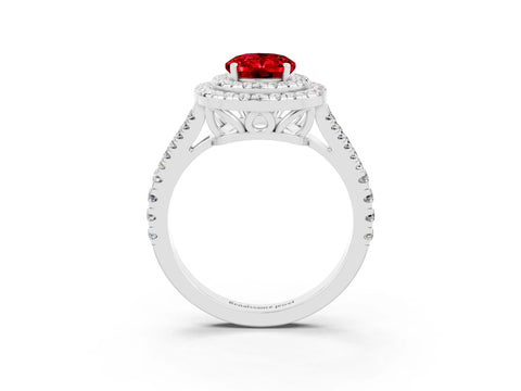 White gold Oval Cut Ruby Double Halo Ring with Pavé Band and Prong Setting_15