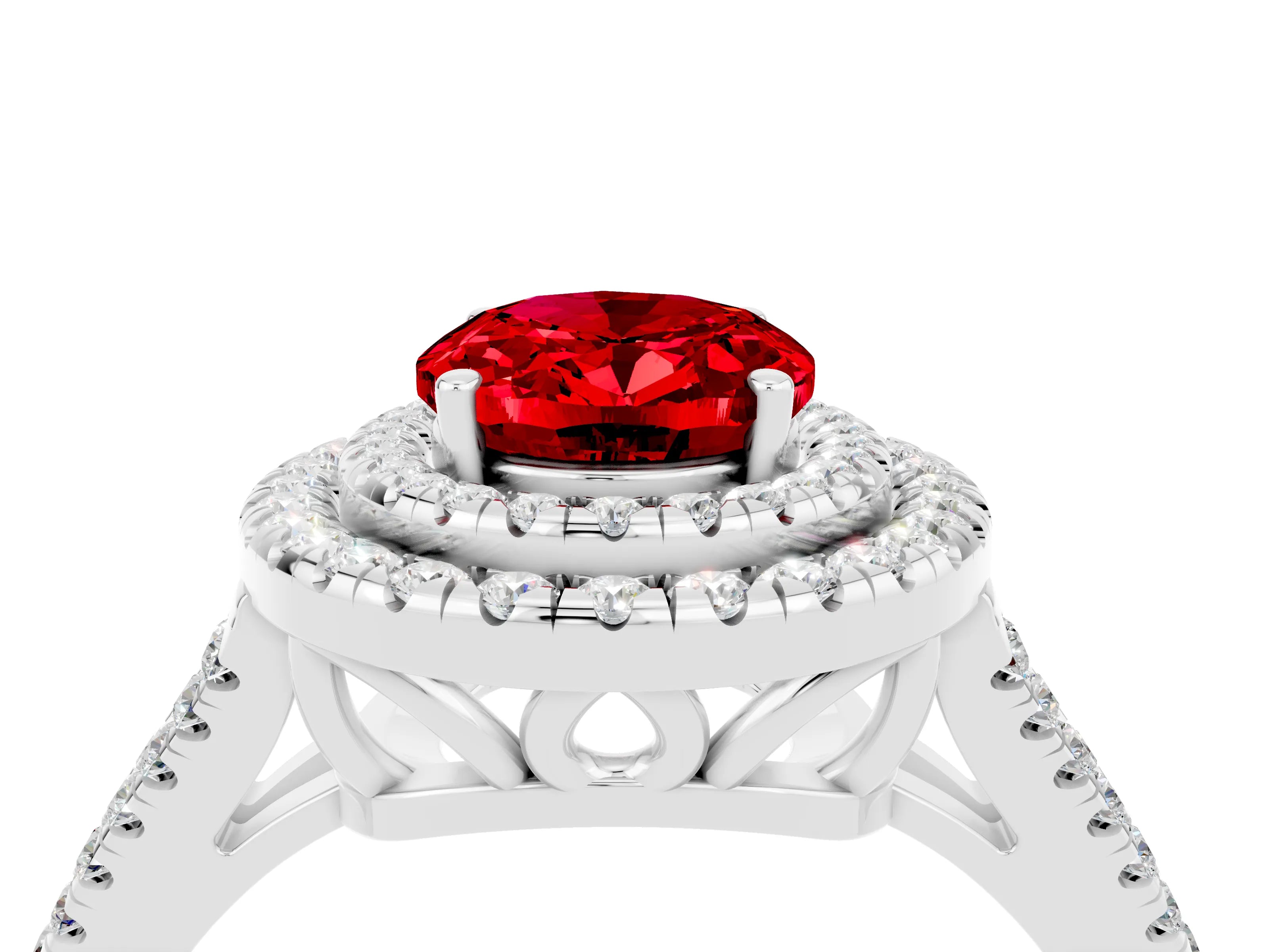 White gold Oval Cut Ruby Double Halo Ring with Pavé Band and Prong Setting_16