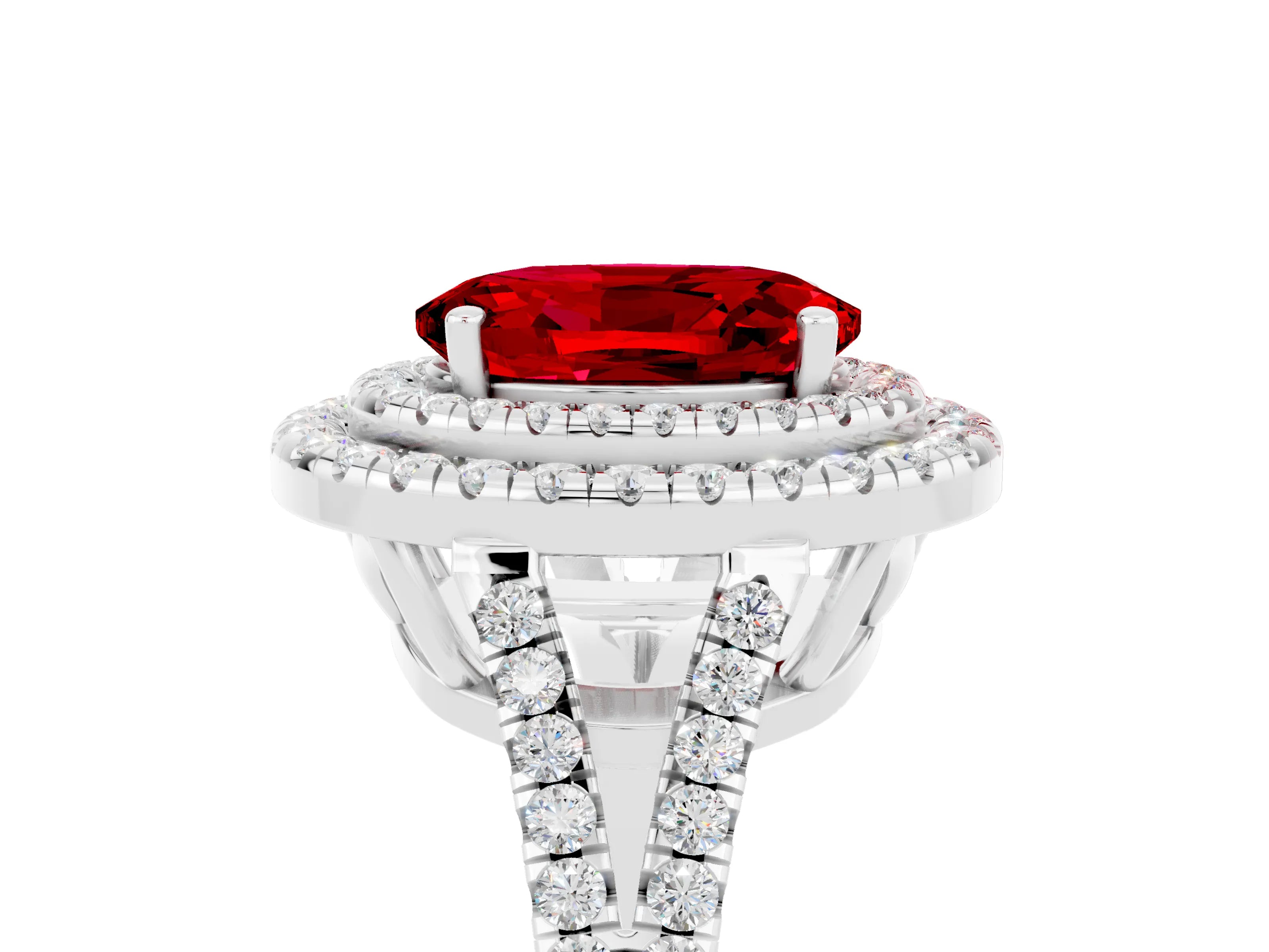 White gold Oval Cut Ruby Double Halo Ring with Pavé Band and Prong Setting_17