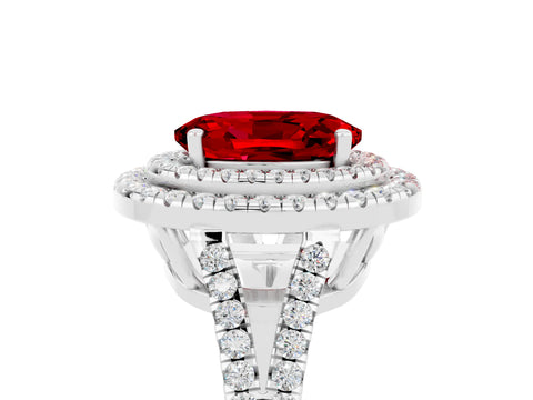 White gold Oval Cut Ruby Double Halo Ring with Pavé Band and Prong Setting_17