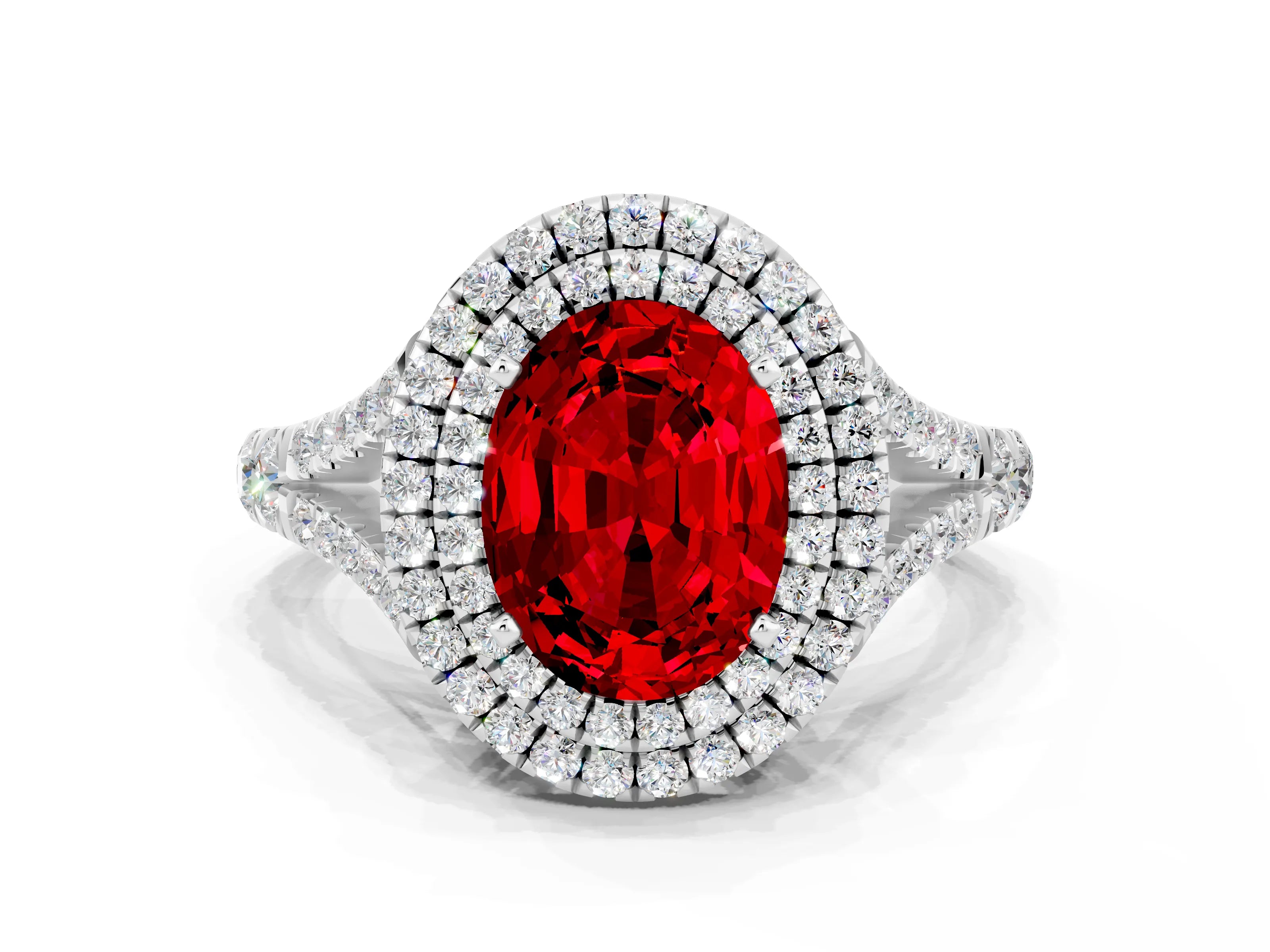 White gold Oval Cut Ruby Double Halo Ring with Split Shank and Prong Setting_12