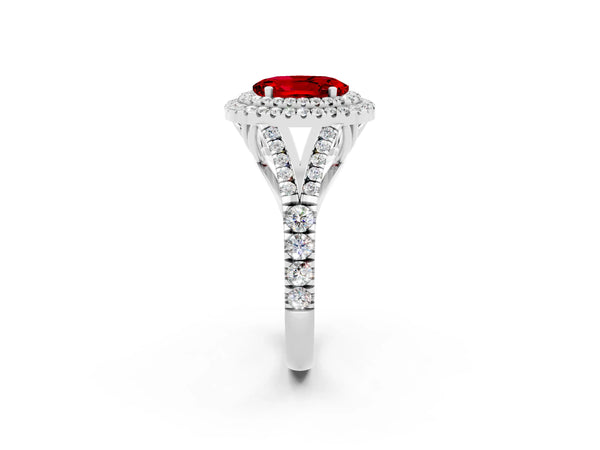 Silver Oval Cut Ruby Double Halo Ring with Split Shank and Prong Setting