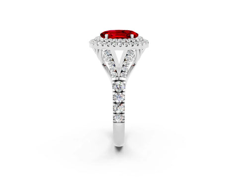 White gold Oval Cut Ruby Double Halo Ring with Split Shank and Prong Setting_14