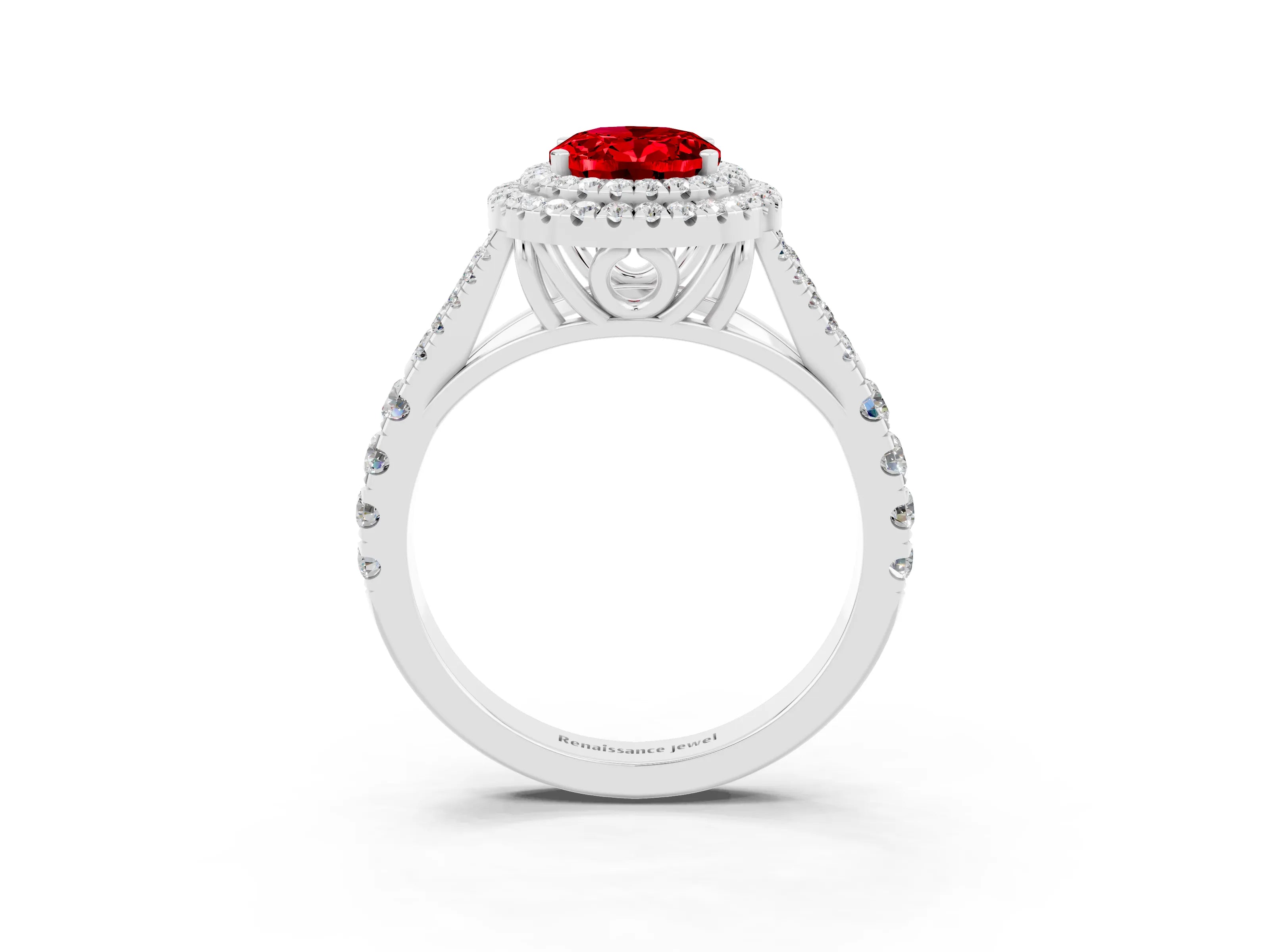 White gold Oval Cut Ruby Double Halo Ring with Split Shank and Prong Setting_15