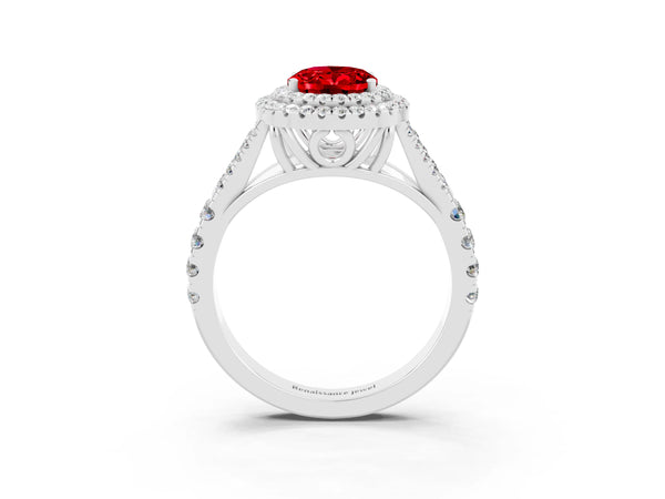 Silver Oval Cut Ruby Double Halo Ring with Split Shank and Prong Setting