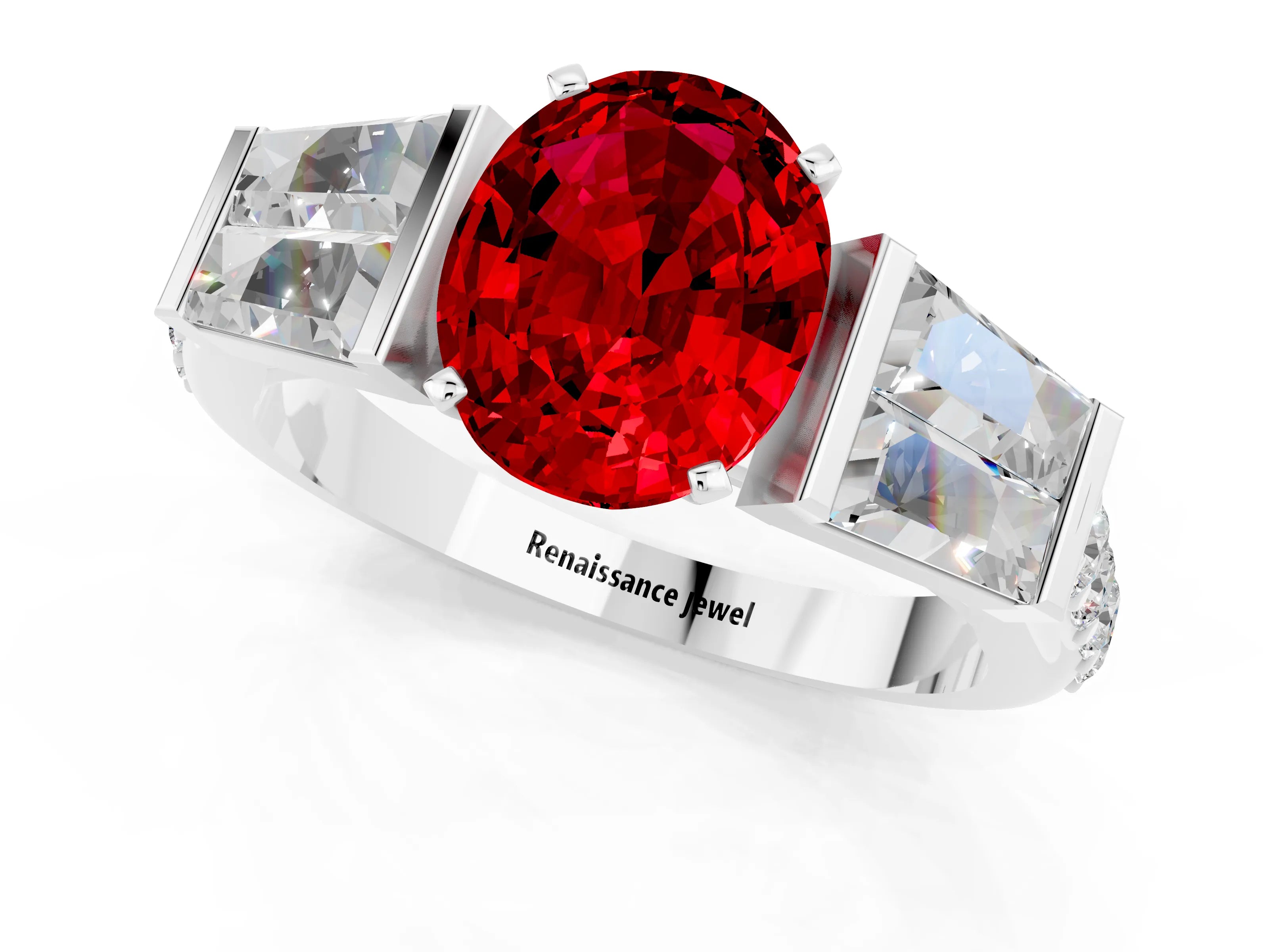 White gold Oval Cut Ruby Engagement Ring with Baguette Side Stones and Channel Set Band_1