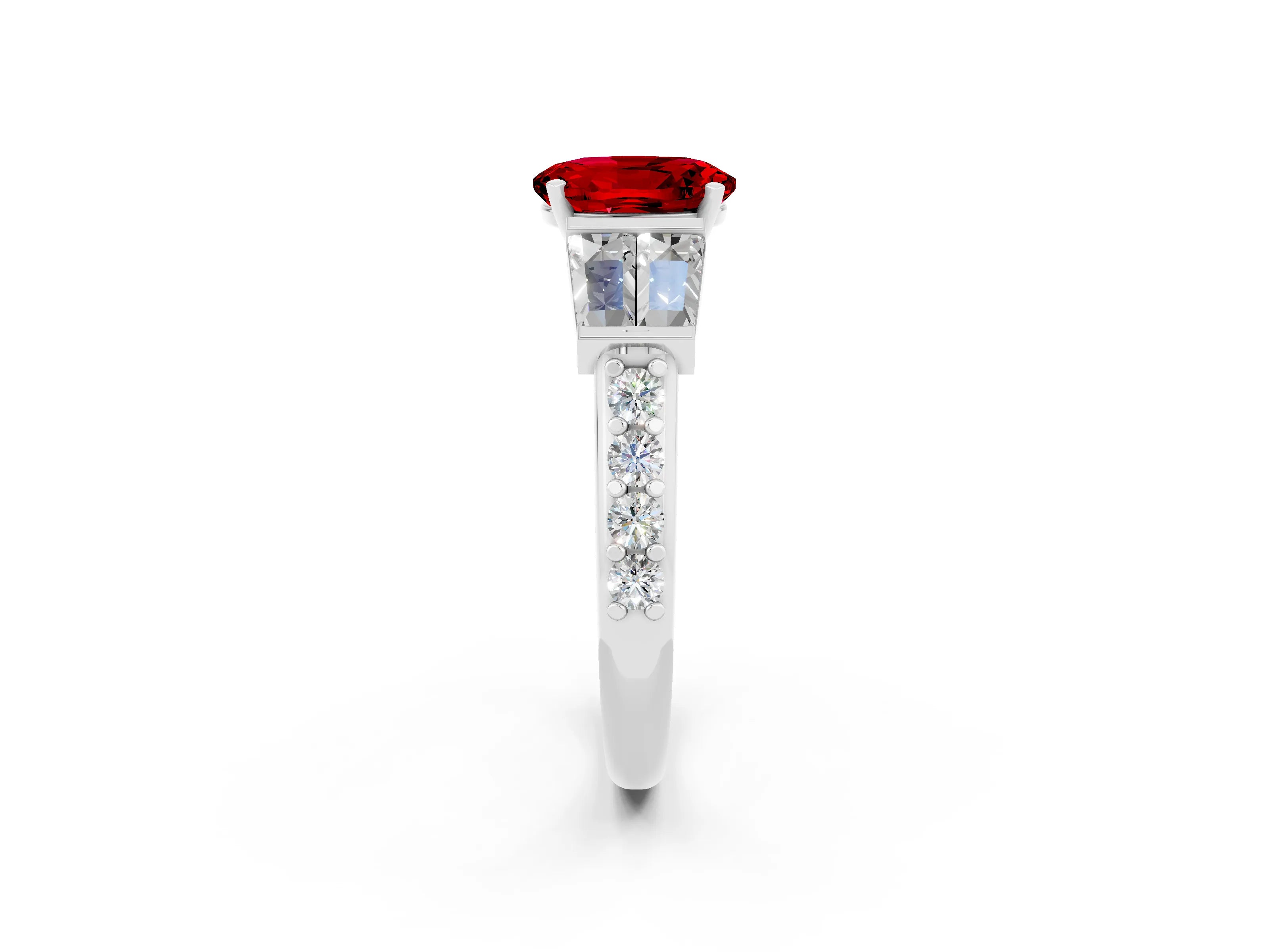 White gold Oval Cut Ruby Engagement Ring with Baguette Side Stones and Channel Set Band_2