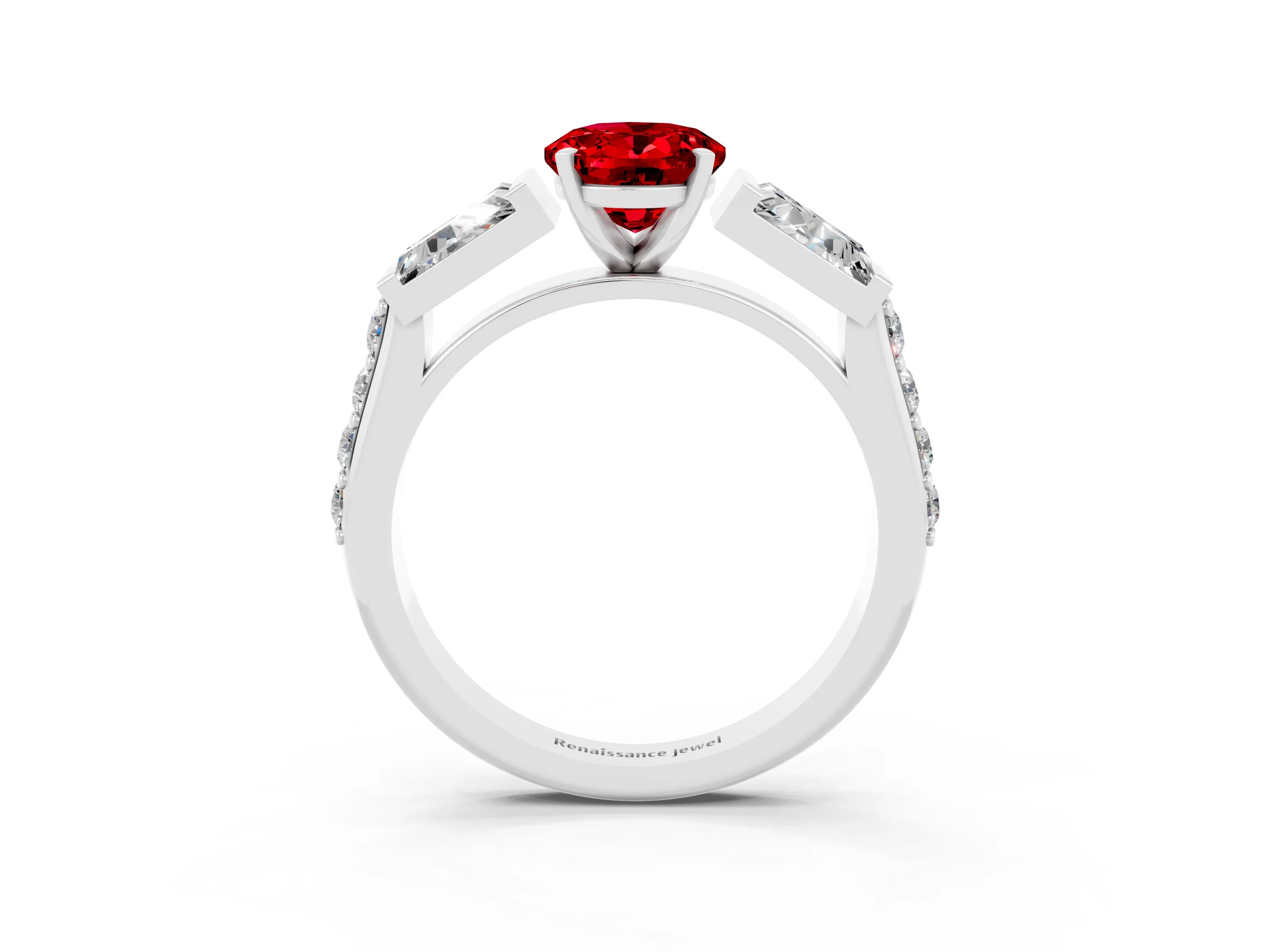 White gold Oval Cut Ruby Engagement Ring with Baguette Side Stones and Channel Set Band_3