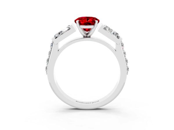 Platinum Oval Cut Ruby Engagement Ring with Baguette Side Stones and Channel Set Band