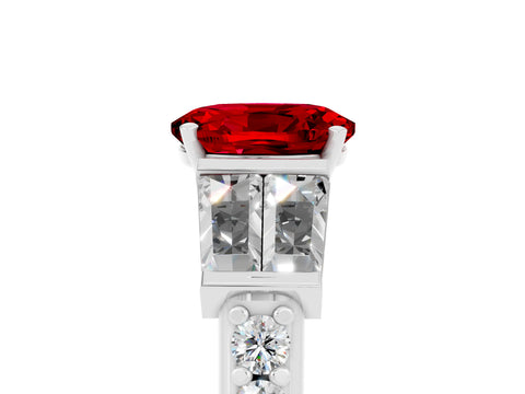 White gold Oval Cut Ruby Engagement Ring with Baguette Side Stones and Channel Set Band_5