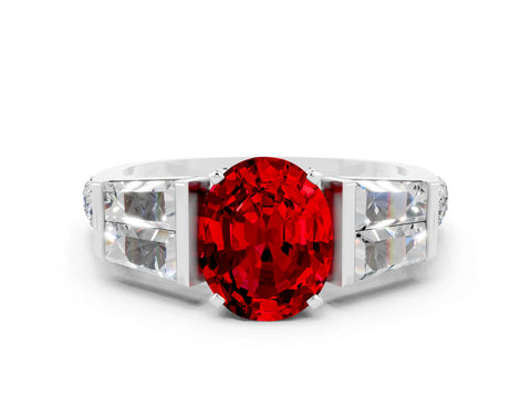 White gold Oval Cut Ruby Engagement Ring with Baguette Side Stones and Channel Set Band