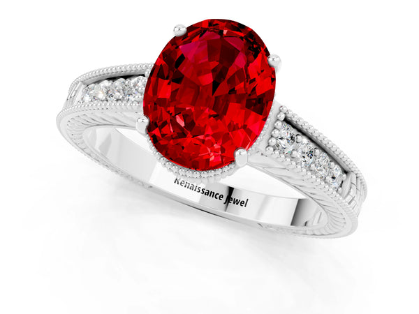 Platinum Oval Cut Ruby Engagement Ring with Milgrain Channel Set Band and Prong Setting