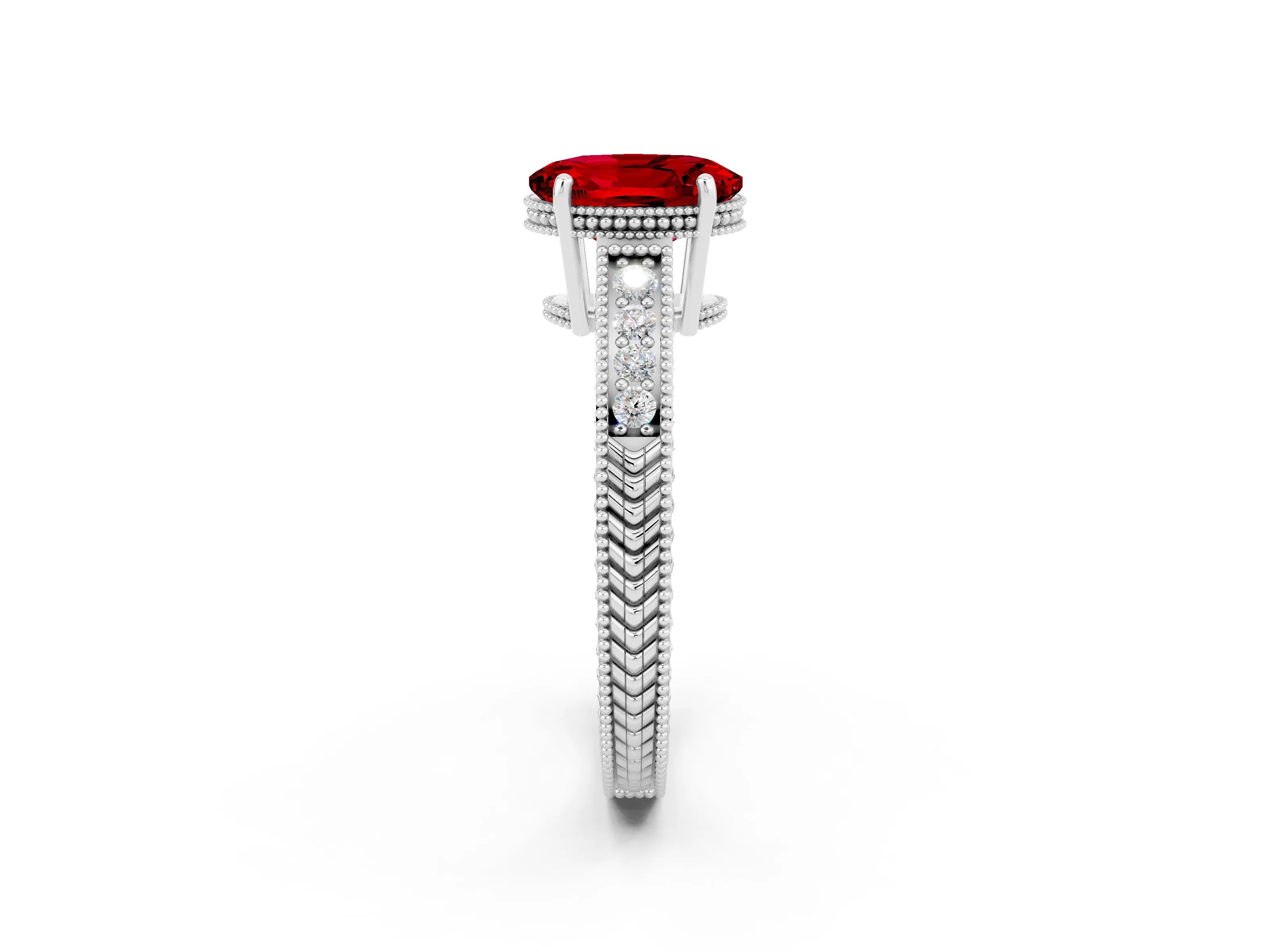 White gold Oval Cut Ruby Engagement Ring with Milgrain Channel Set Band and Prong Setting_2