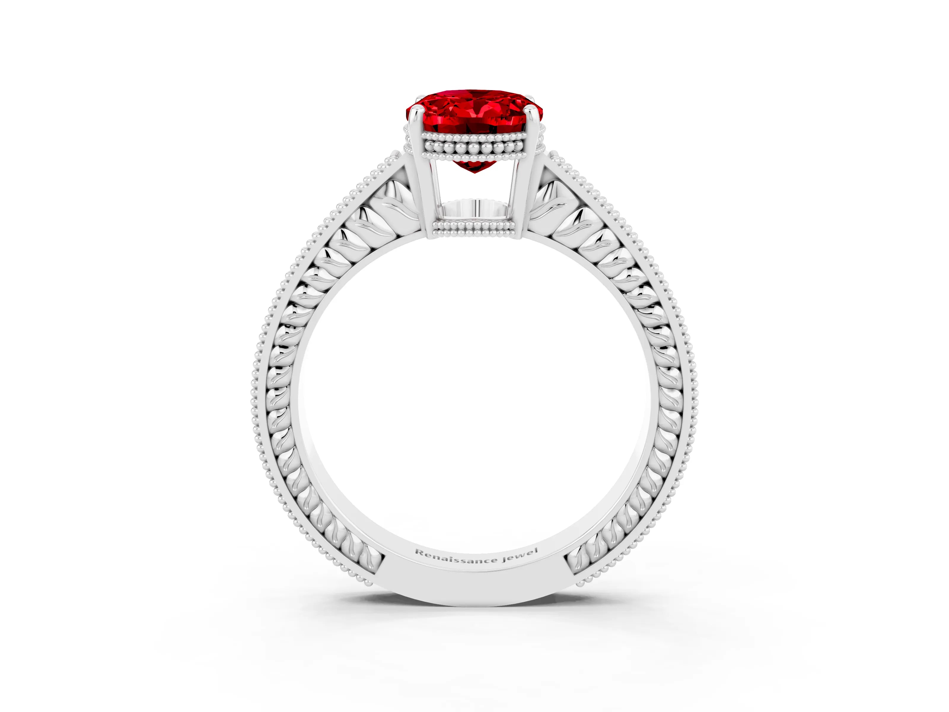 White gold Oval Cut Ruby Engagement Ring with Milgrain Channel Set Band and Prong Setting_3