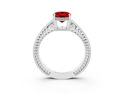 White gold Oval Cut Ruby Engagement Ring with Milgrain Channel Set Band and Prong Setting_3
