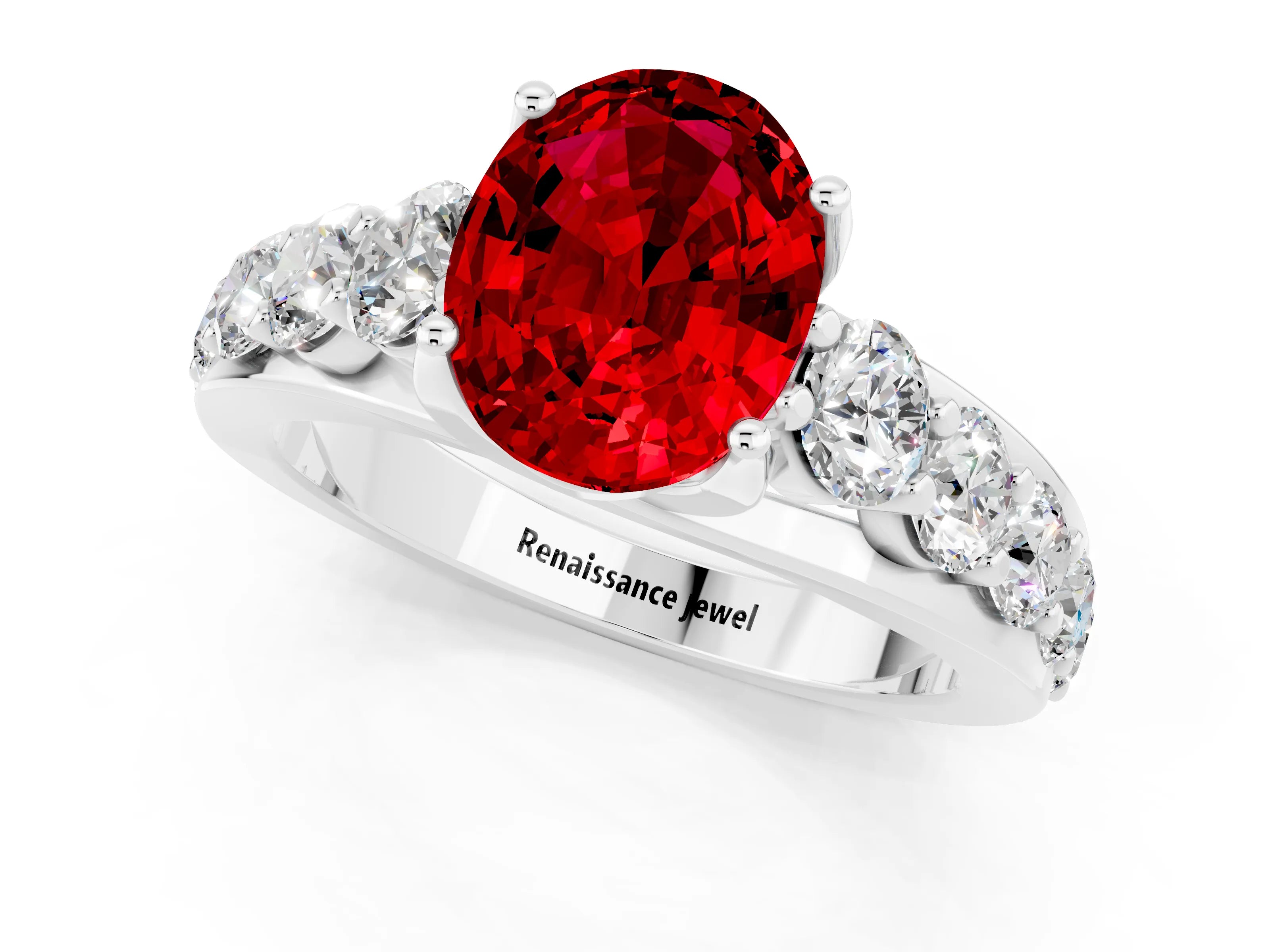 White gold Oval Cut Ruby Engagement Ring with Pavé Band and Four-Prong Setting_1